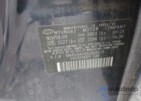 2010 Hyundai Elantra Gls z USA, uszkodzony, nr VIN KMHDU4AD4AU928415